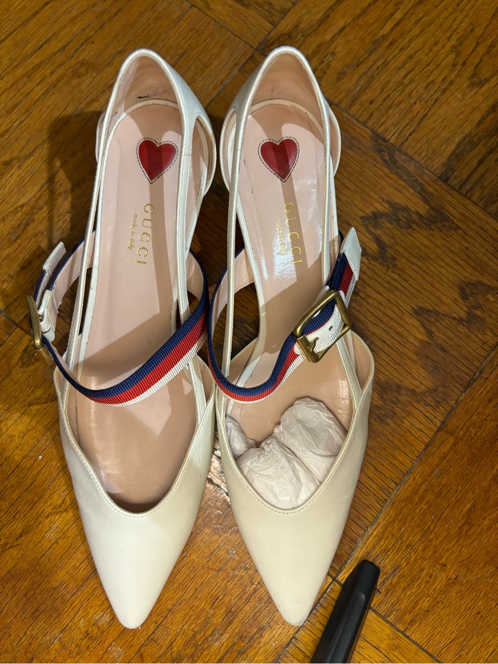 Gucci Women's Cream Pointed-Toe Slingback Pumps with Signature Web Strap